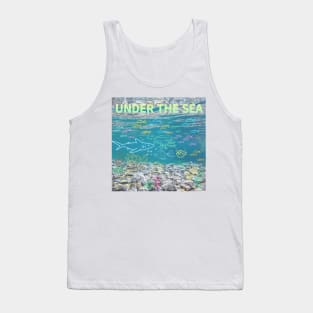 under the sea,blue sea,sea creatures,Turtle, puffer fish, starfish, shrimp, shark, tropical fish, sea horse, seaweed, sardines, squid, crabs, clams Tank Top